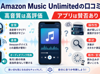 Amazon Music Unlimitedの口コミを、高音質やAmazonデバイスとの連携などの良い評価と、アプリの操作性や洋楽のカタカナ表記などの不満点に分けて比較した画像