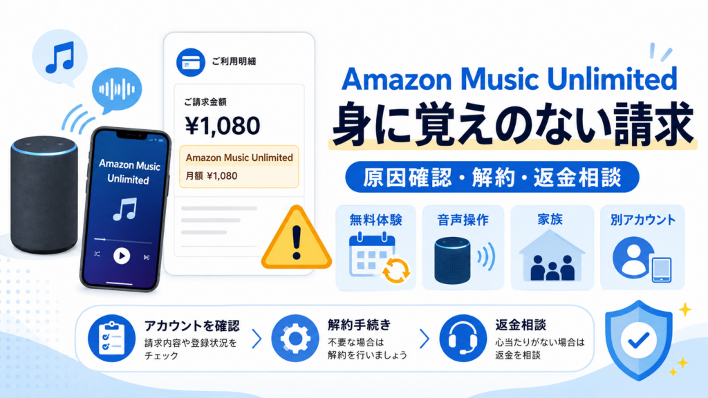Amazon Music Unlimitedの身に覚えのない請求について、原因確認・解約・返金相談の流れを解説したイメージ