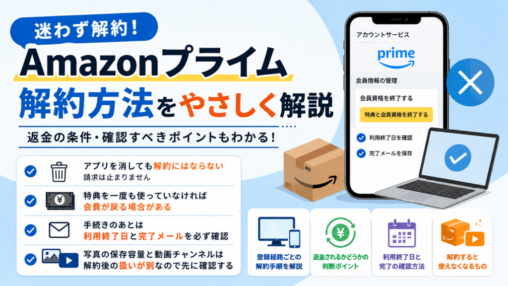 Amazonプライムの解約方法と返金条件、利用終了日や完了メールの確認ポイントを解説したアイキャッチ画像