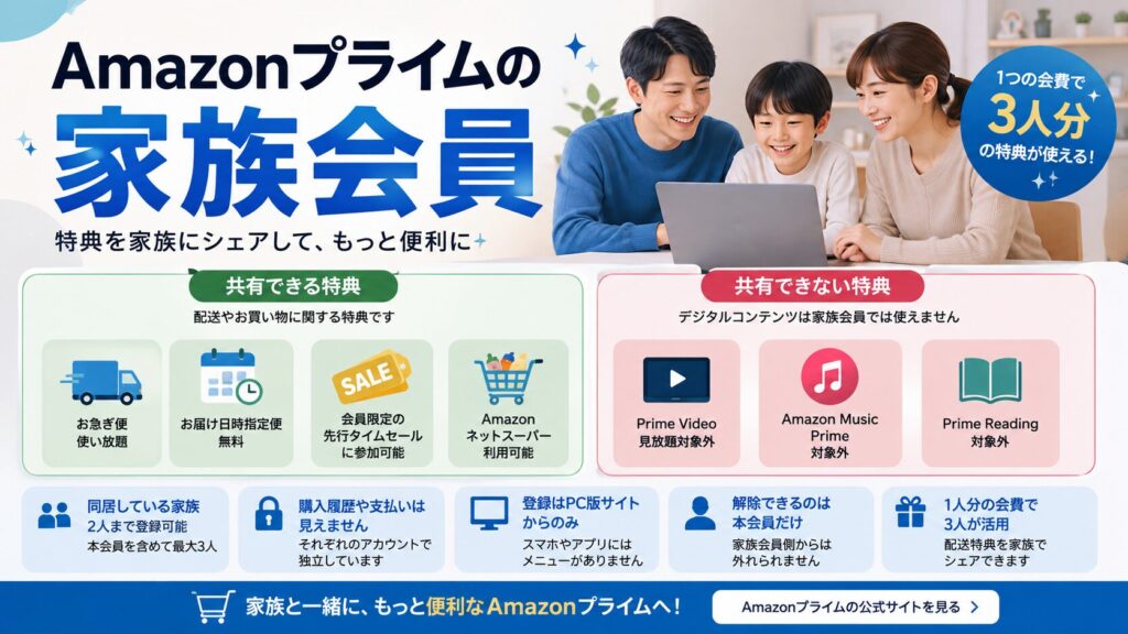 Amazonプライム家族会員で共有できる配送特典と、共有できない動画・音楽・読み放題特典を比較した図