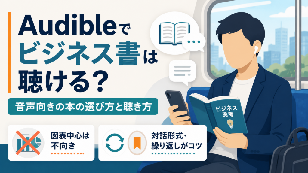 Audibleでビジネス書を聴く方法と、音声向きの本の選び方・繰り返し聴くコツを解説するアイキャッチ画像