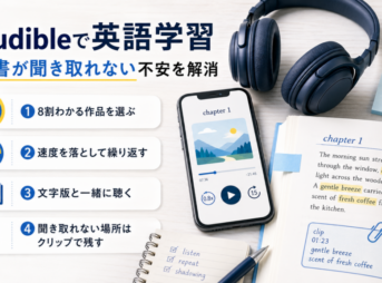 Audibleで英語学習する方法を解説したアイキャッチ画像。8割わかる洋書選び、再生速度の調整、文字版との併用、クリップ活用を紹介。