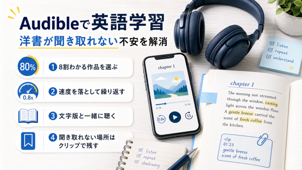 Audibleで英語学習する方法を解説したアイキャッチ画像。8割わかる洋書選び、再生速度の調整、文字版との併用、クリップ活用を紹介。