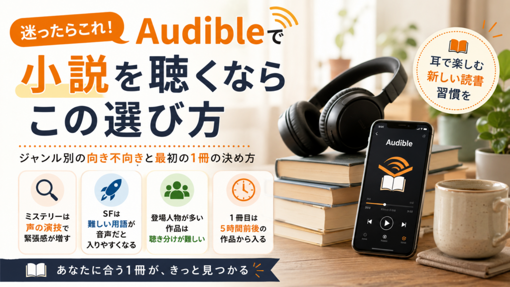 Audibleで小説を聴く際のジャンル別の向き不向きと、最初の1冊の選び方を解説するアイキャッチ画像