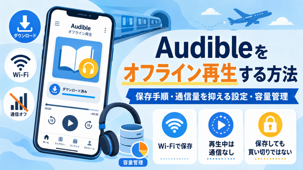 Audibleをオフライン再生する方法と、Wi-Fiでの保存・通信量を抑える設定・容量管理を解説したイメージ