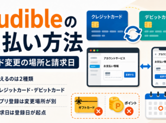 Audibleの支払い方法とカード変更場所、クレジットカード・デビットカード、請求日の確認方法を解説した画像