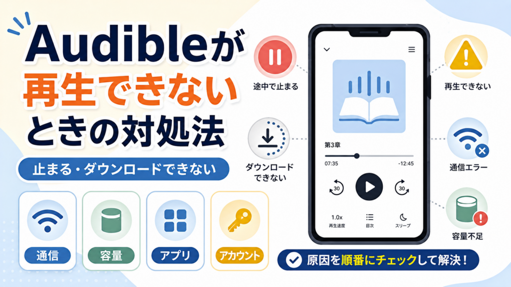 Audibleが再生できない、途中で止まる、ダウンロードできないときに、通信・容量・アプリ・アカウントの4つの原因を順番に確認する対処法を示した画像。