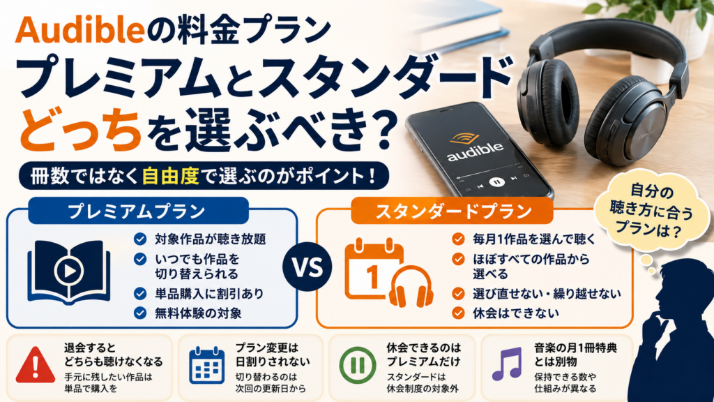 Audibleのプレミアムプランとスタンダードプランの違いを比較し、聴き放題・毎月1作品・作品変更の自由度などを紹介するアイキャッチ画像。