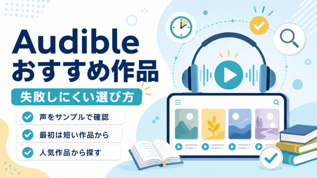 Audibleのおすすめ作品を失敗しにくく選ぶ方法として、サンプル試聴・短い作品・人気作品から探すポイントを紹介する画像