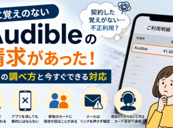 Audibleの身に覚えのない請求について、クレジットカード明細の確認、アプリ削除では解約にならない点、家族カードやメール確認、カード会社への連絡方法を解説したアイキャッチ画像