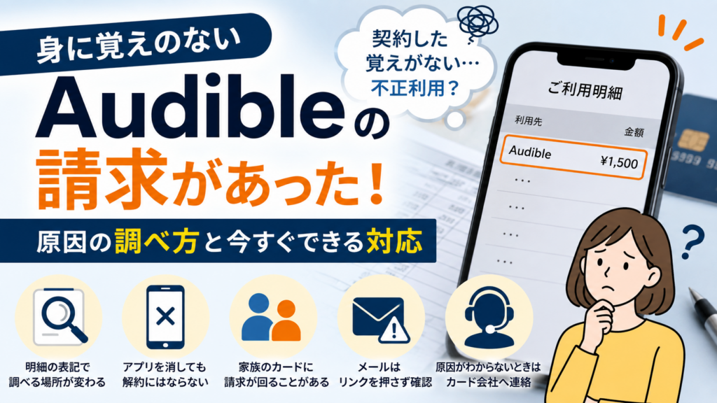 Audibleの身に覚えのない請求について、クレジットカード明細の確認、アプリ削除では解約にならない点、家族カードやメール確認、カード会社への連絡方法を解説したアイキャッチ画像