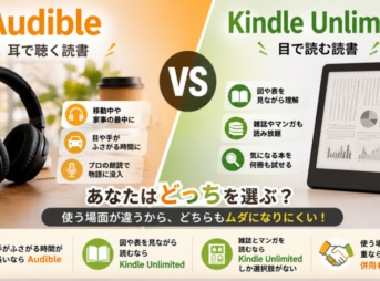 AudibleとKindle Unlimitedの違いを、耳で聴く読書と目で読む読書の特徴や向いている場面で比較した画像