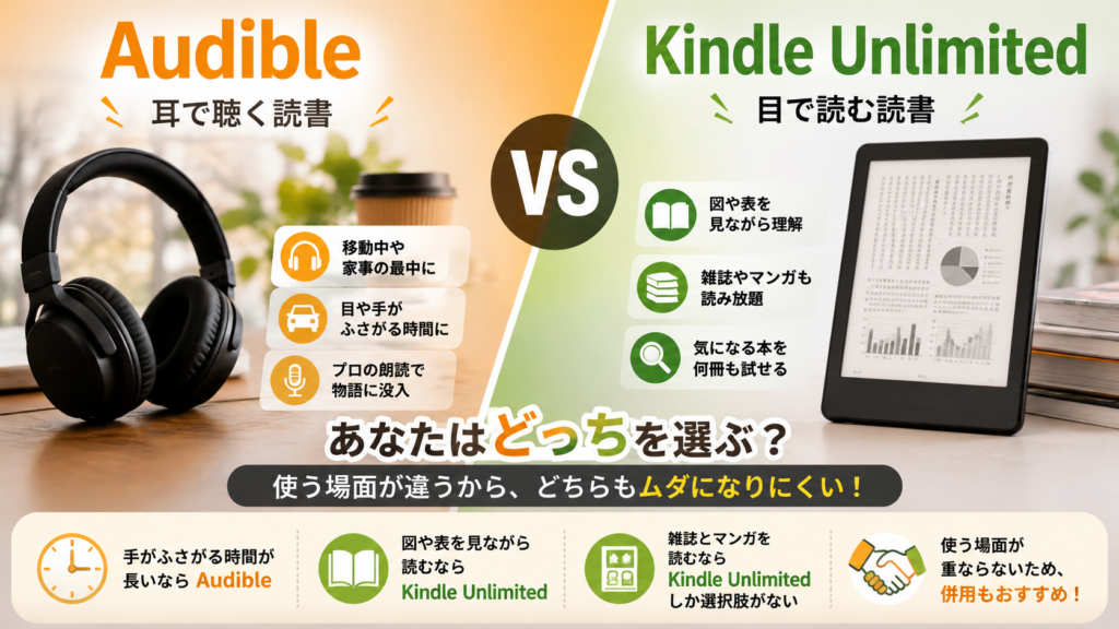 AudibleとKindle Unlimitedの違いを、耳で聴く読書と目で読む読書の特徴や向いている場面で比較した画像