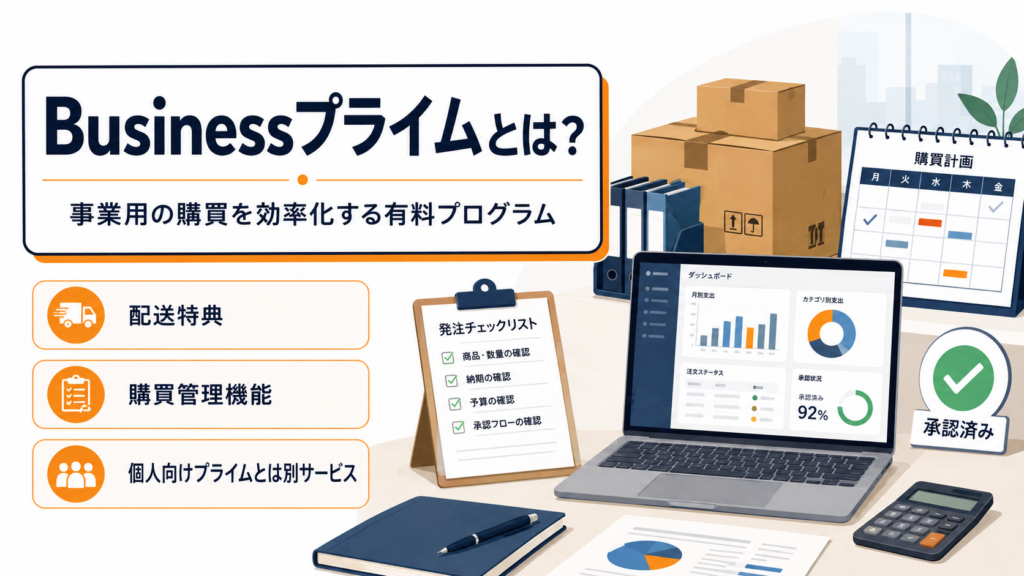 Businessプライムの配送特典・購買管理機能・個人向けプライムとの違いを解説するイメージ