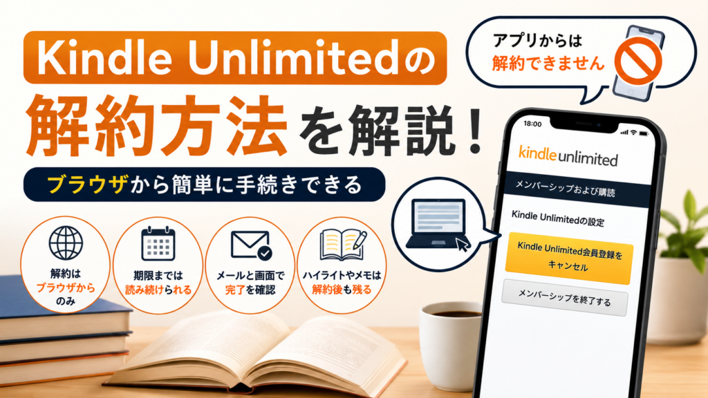 Kindle Unlimitedの解約方法を解説。アプリからは解約できず、ブラウザから手続きする流れや解約後の利用期限・確認方法を示した画像。