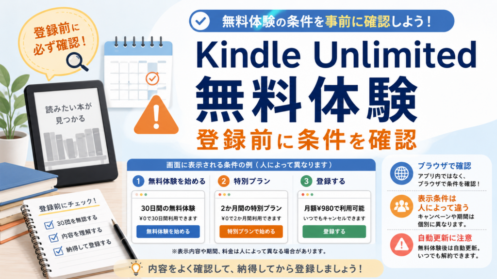 Kindle Unlimitedの無料体験について、登録前にブラウザで表示条件を確認し、自動更新に注意するポイントをまとめた画像