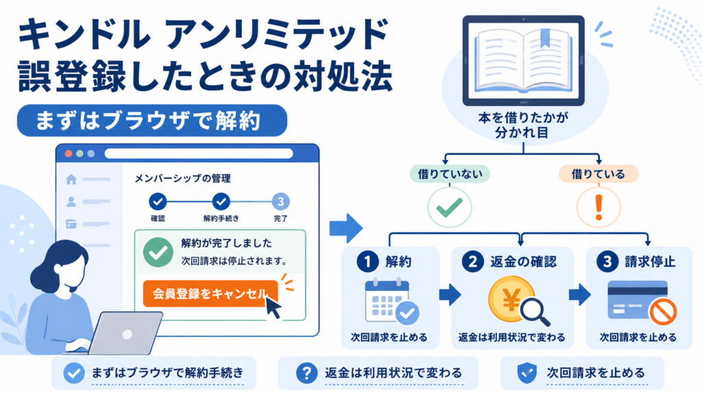 Kindle Unlimitedを誤って登録したときに、ブラウザで解約して返金可否を確認する流れを示した画像