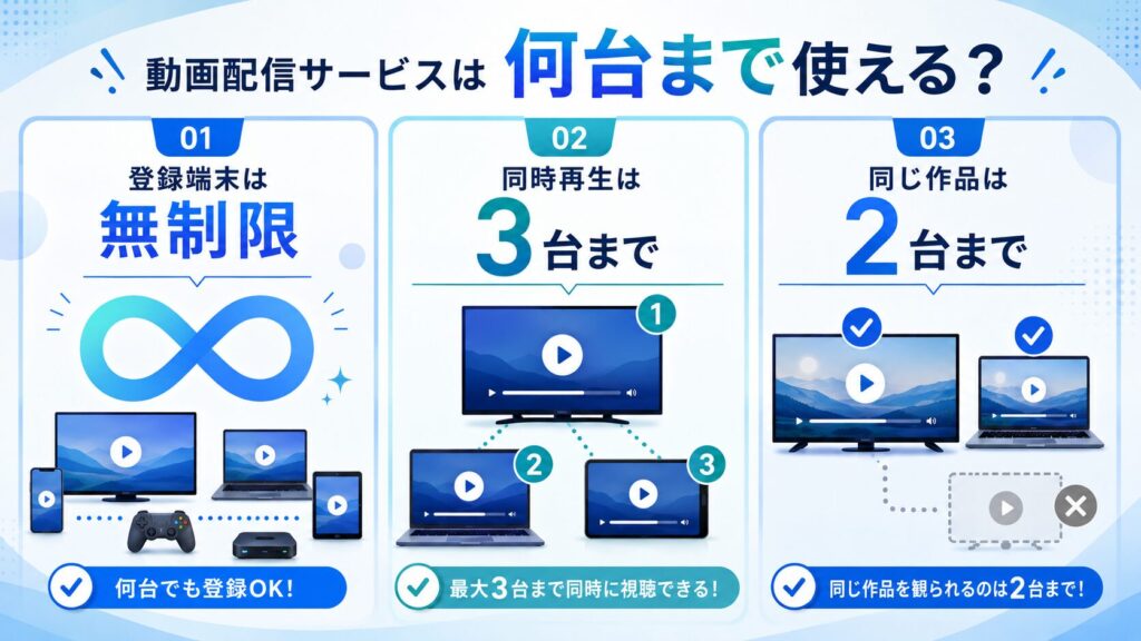 動画配信サービスの登録端末は無制限、同時再生は3台まで、同じ作品は2台までと示した図解
